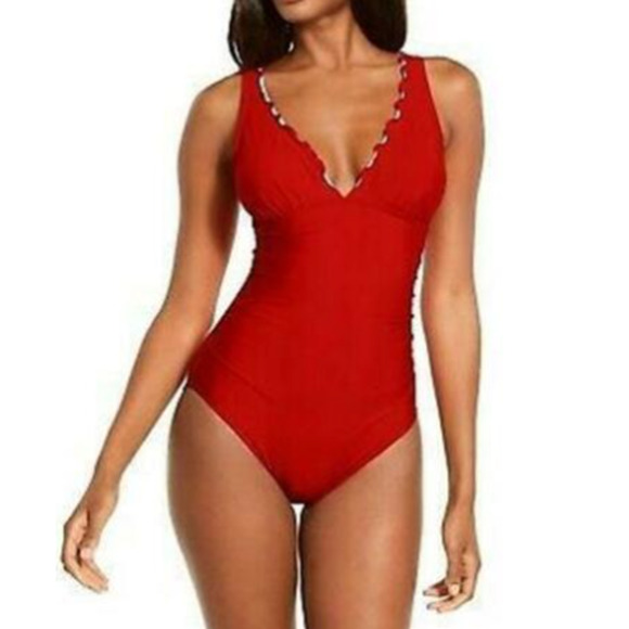 Dkny Women's Ruffle Solid Shirred Tummy Control One-Piece Swimsuit Red 18 NWT - Picture 1 of 3